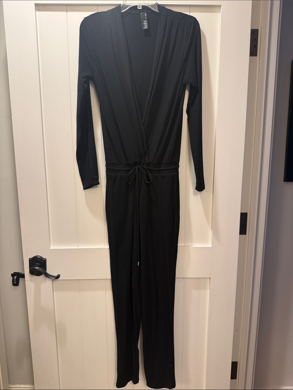 bobi Black Long-Sleeve Wrap Jumpsuit with Tie Waist